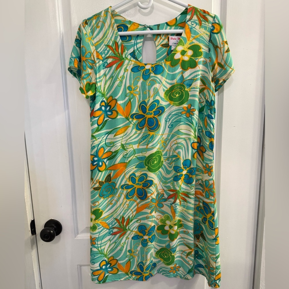 Vintage Hula Moon by Jams World Peace Flower Aqua Floral Hawaiian Dress Small